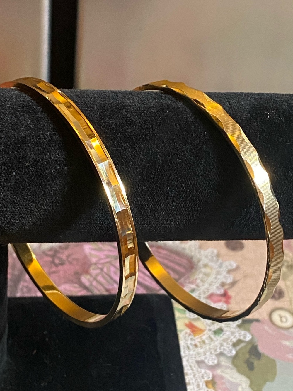 Vintage Gold Tone Stackable Bangle Bracelets Set of 2 Geometric Textured